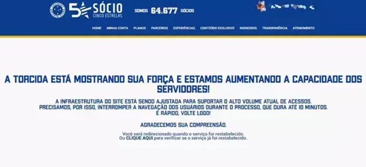 Procura de ingressos para Cruzeiro x Criciúma trava site Sócio 5 Estrelas